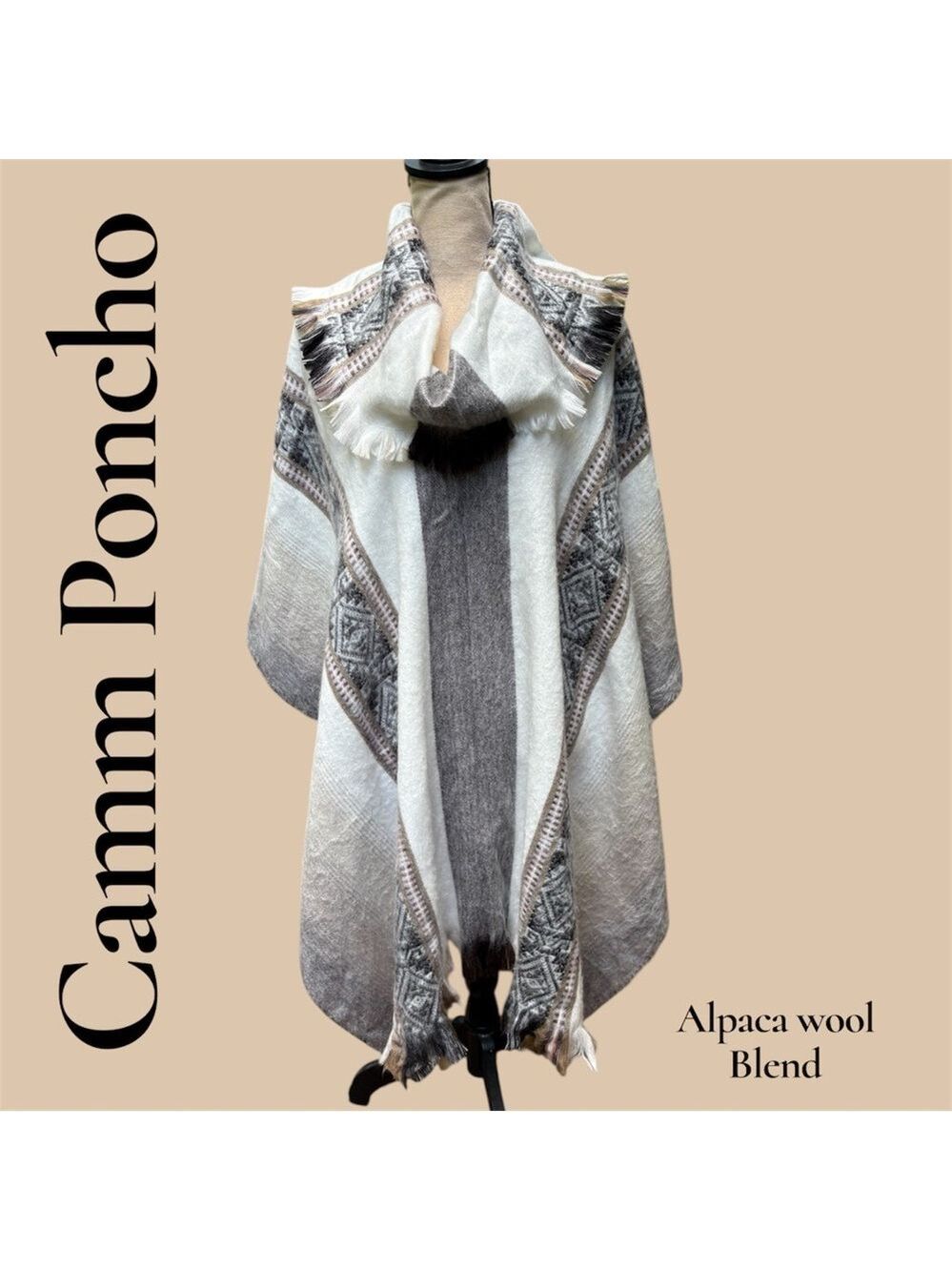 Camm Poncho Alpaca Wool Blend Womens Cream/Gray/Tan/Black. So Soft! EUC